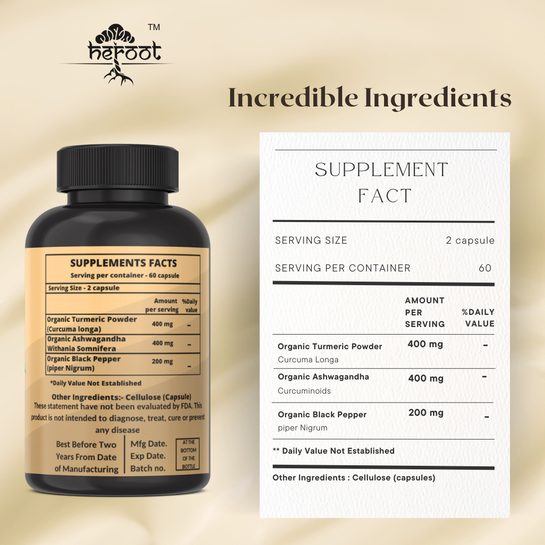 Organic Turmeric Ashwagandha 1000mg with Black Pepper - Supports Brain Health & Immune Function