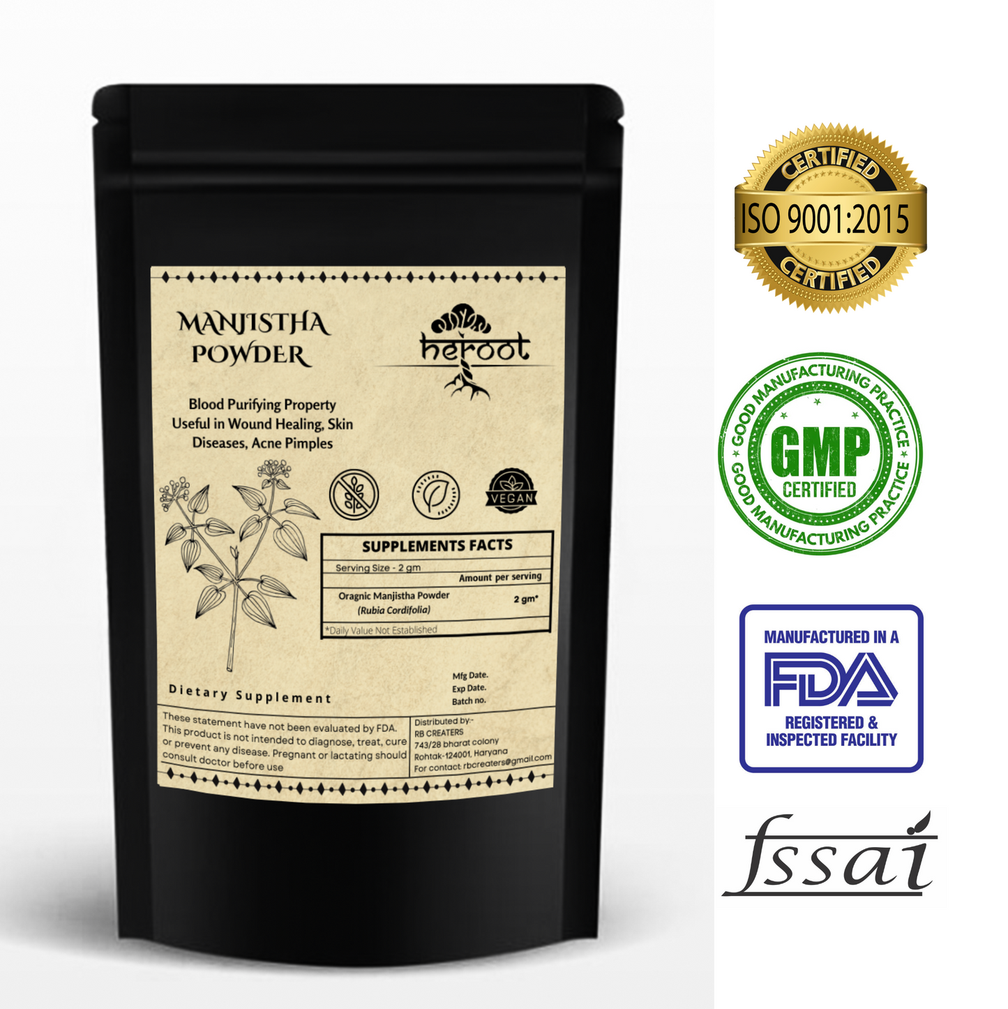 Organic Manjistha Root Powder (Rubia Cordifolia) - Blood Purifier and Skin Health Support