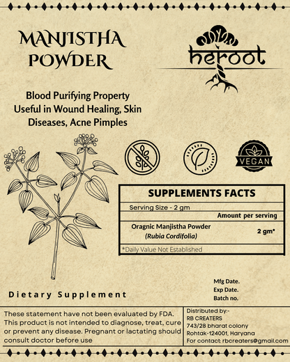 Organic Manjistha Root Powder (Rubia Cordifolia) - Blood Purifier and Skin Health Support