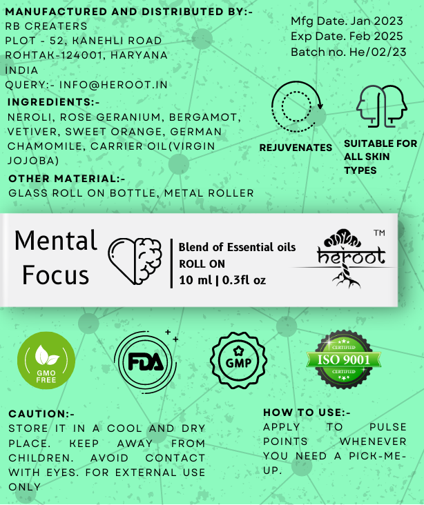 Mental Focus Essential Oil Blend Roll On Bergamot, Neroli, German Chamomile