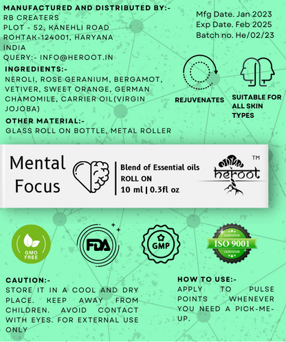 Mental Focus Essential Oil Blend Roll On Bergamot, Neroli, German Chamomile