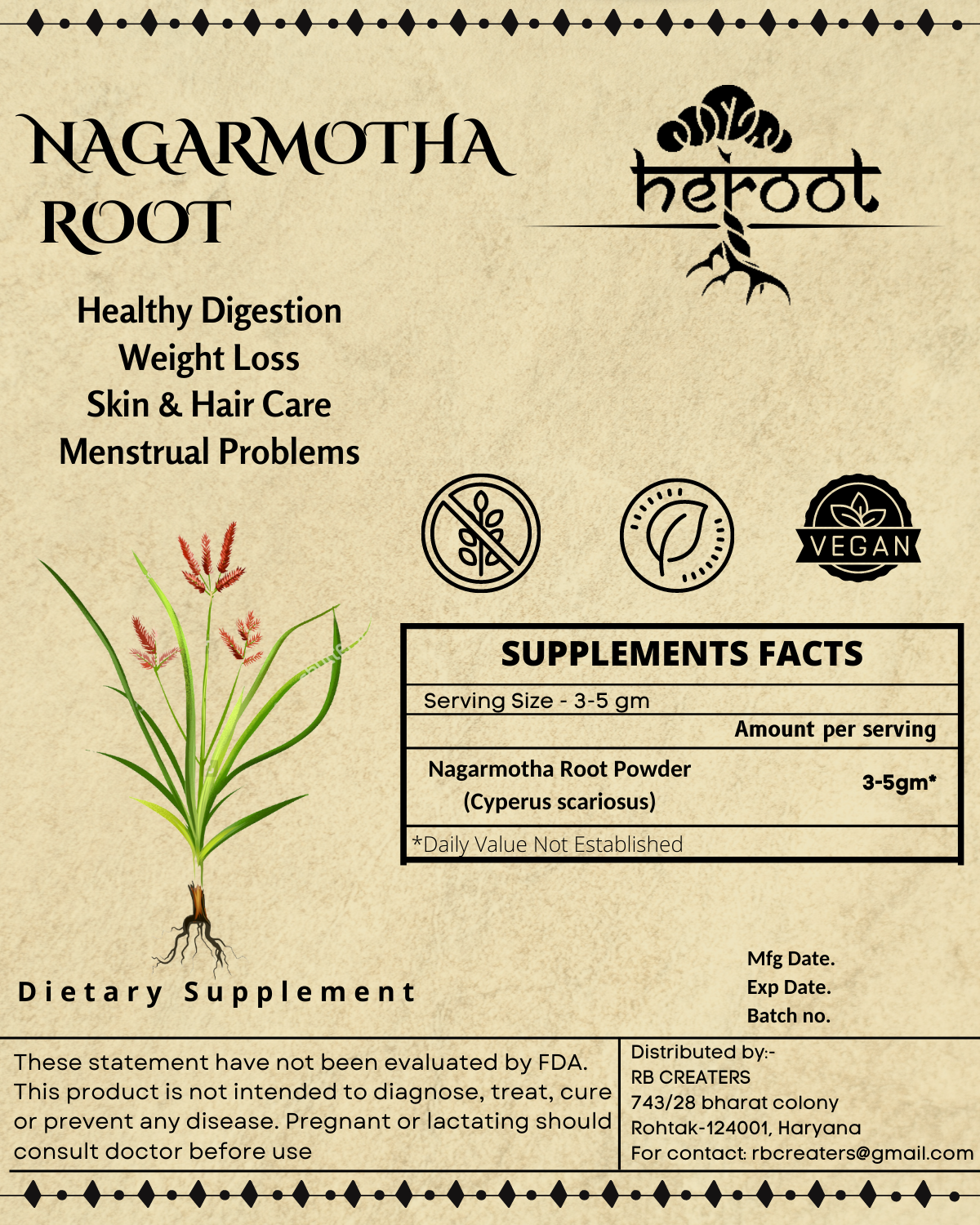 Organic Nagarmotha Powder (Cyperus Scariosus) - USDA Certified for Skin & Hair Care