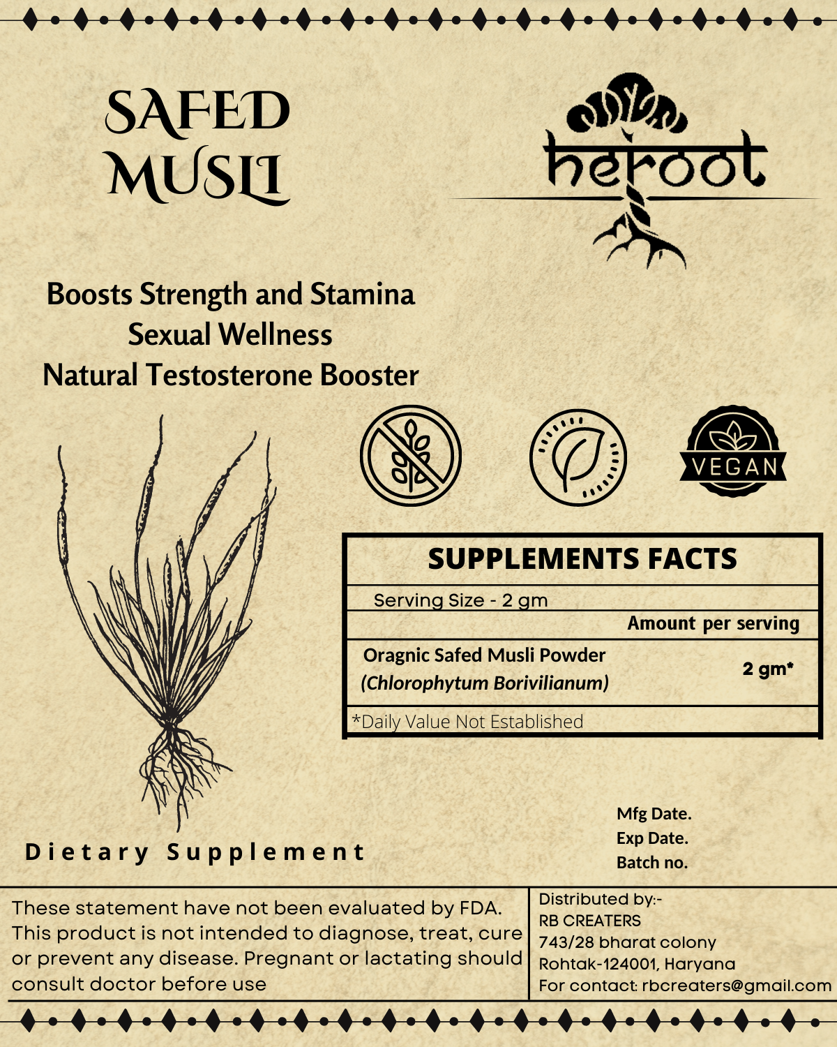 Safed Musli Powder - 50% Saponins (Chlorophytum Borivilianum) for Testosterone Boost