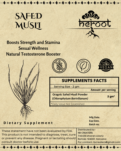 Safed Musli Powder - 50% Saponins (Chlorophytum Borivilianum) for Testosterone Boost